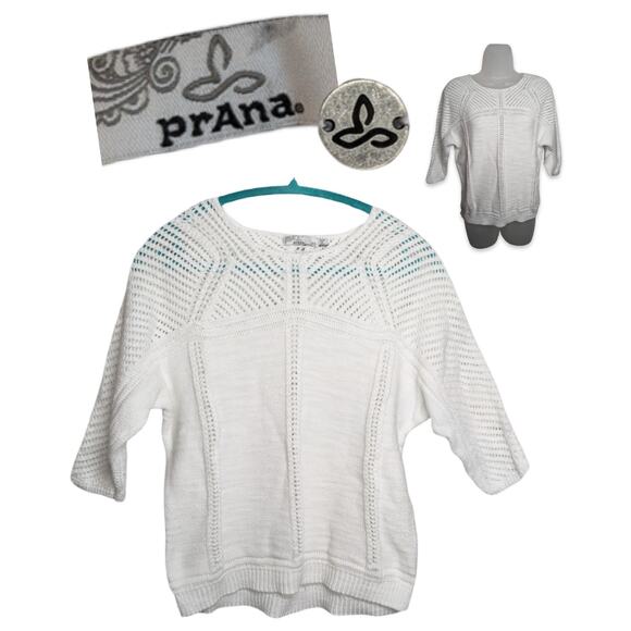 PrAna Getup Beach Top 100% Organic Cotton Womans XS White Chunky Knit 3/4 Summer - Picture 1 of 9